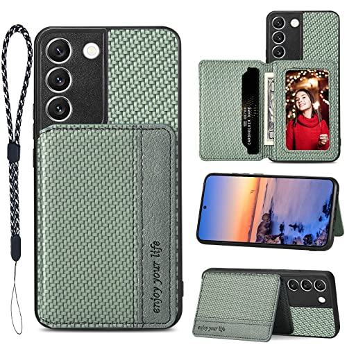 JanCalm S22 Case Card Holder, for Samsung Galaxy S22 Case,RFID Blocking,Kickstand,Camera Lens Protector,PU Leather Shockproof Protective Flip Cases Cover for Galaxy S22 Phone Case 2023 (Green)