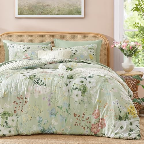 Image of Andency Twin 5 Piece Reversible Comforter Set, Floral Gingham Bedding,Sage
