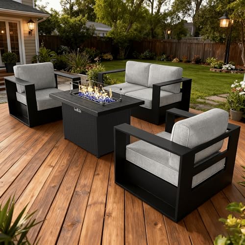 Image of LayinSun Oversized Aluminum Outdoor Furniture Set, 4 Piece Patio Sofa Sets with Fire Pit Table, Deep Seating and Upgraded 6-inch Cushions for Porch, Balcony, Deck