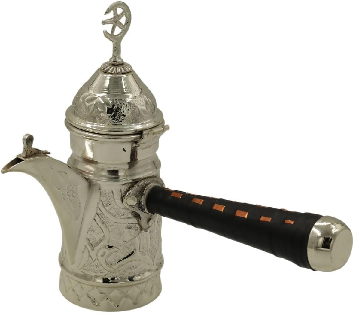 Copper Mirra Coffee Pot Set Silver Plated 3 Piece Turkish Arabic Coffee Warmer Set for Serving Traditional Coffee - Silver Plated