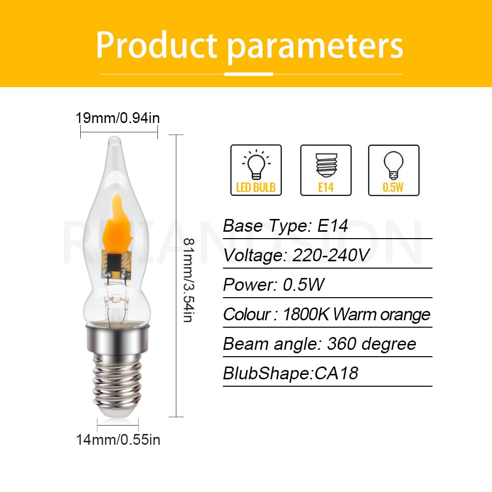 Ruiandsion Lampadine LED E14 Effetto Fiamma Tremolante 0,5W CA18, Bagliore Ambrato Caldo 1800K, 220-240V Non Dimmerabile per Lampadari, Parete, Casa, Feste e Natale (10 PZ)