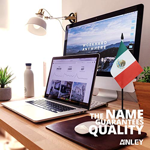 Anley Mexico Deluxe Desk Flag Set - 6 X 4 Inch Miniature Mexican Desktop Flag With 12" Solid Pole - Vivid Color And Fade Resistant - Black Base And Spear Top #TOP1
