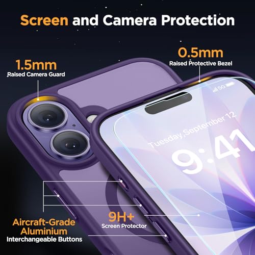 Image of Miracase Magnetic for iPhone 17 Case (Compatible with MagSafe) with Screen Protector Military-Grade Protection, Anti-Fingerprint Translucent Matte Phone Cover for iPhone 17 6.3 inch, Dark Purple