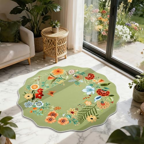 Tapete redondo floral Asrug 3ft bajo pelo verde miniatura 4
