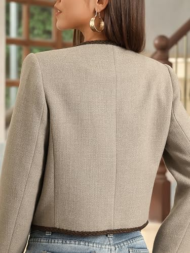 M.Infasivo Womens Cropped Jackets with Pockets, Tweed Shackets Collarless Casual Outerwear Button Down Vintage Blazer3
