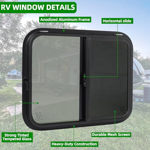 Image of 30 inchW x 24 inchH RV Windows for Cargo Trailer Camper,Tinted Horizontal Sliding | RV Cargo Trailer Camper Window Replacement w /Screen&Trim Ring,Fit 15 /16 inchor 1-3 /8 inch Thick Wall,Allow Error 1 /16 inch,DOT Approved