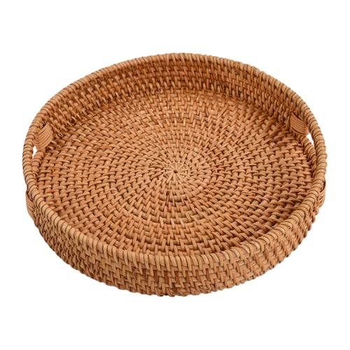 Astralong Plateau de Service Rond en Rotin, Tressé Plateau Osier, Decoratif Table avec Poignées en bois/Poignées Découpées pour Petit-Déjeuner, Boissons, Thé, Collation, Bougie (φ30cm)