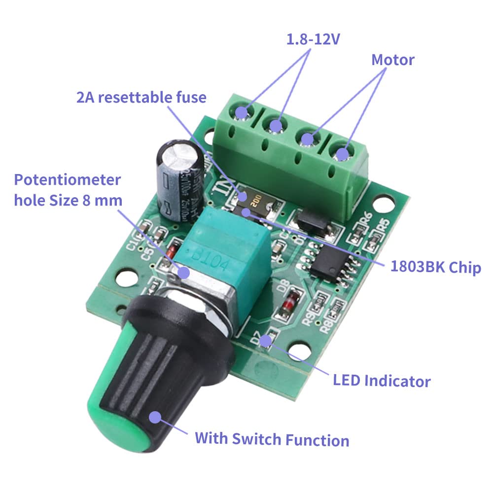 Gebildet 2er-Pack PWM Motordrehzahlregler – DC 1,8–12 V, Max. 2 A, 30 W, NE555-Chip, Einstellbarer Tastgrad 0–100 % Inkl. Schalter Und Rückstellbarer Sicherung