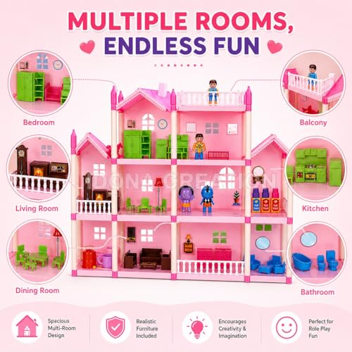 Image of DIY Doll House for Girls, 201 Pieces Multi-Level Play House with Furniture, Bedroom Kitchen Bathroom Living Room Set, Educational Pretend Play Toy for Kids Age 3+ Years, Pink
