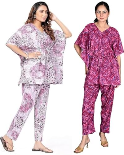 Image of Vlazom Women's 100% Cotton Printed Kaftan & Pyjama Set - Combo Pack of 2 | Free Size Nightwear with Pocket | Soft Cotton Loungewear Co-ord for Women