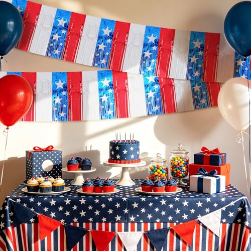 Image of BEISHIDA 3 Packs 30 Feet Metallic Foil Fringe Garland Tinsel Streamers Shiny Wall Hanging Tinsel Fringe Banners for Car Floats Birthday Wedding Graduation Party Decoration Red White Blue Mixed Stars