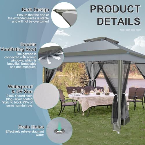 COBIZI 12x12 Pop up Gazebo on Clearance Outdoor pop up Canopy Tent with Mosquito Netting & Sandbags, with 4 Ropes 8 Stakes & Portable Carry Bag, Patio Gazebo for Garden &Lawn, Darkgrey(2025 Upgrade) - Image 5