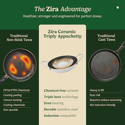 Image of Zira Triply Ceramic Appachatti 21 cm | Appam Chatti | Appam Pan | Appachatti Induction Base | 100% Chemical Free Ceramic Surface | Stick Free Low Oil Cooking | Gas & Induction Friendly