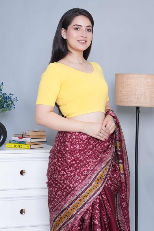 Image of Mlada V-Neck Stretchable Saree Blouse Top for Women | Slim Fit Short Sleeves Solid Cotton Blouses | Readymade Saree Blouses for Women Festive & Ethnic | Blouse Crop Top