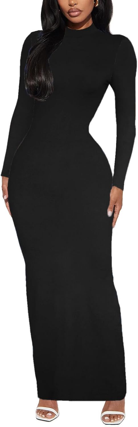 Women's Long Sleeve Bodycon Dress Maxi Mock Neck Fall Winter Casual Club Party T Shirts Tight Dresses - Image 4