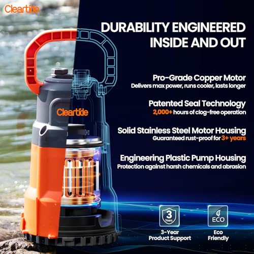 Image of Cleartide Submersible Utility Water Pump, 1 /3 HP 2790 GPH Portable Sump Pump with Copper Motor, Plug and Work for Pond, Garden Watering, Pool or Hot Tub Water Transfer