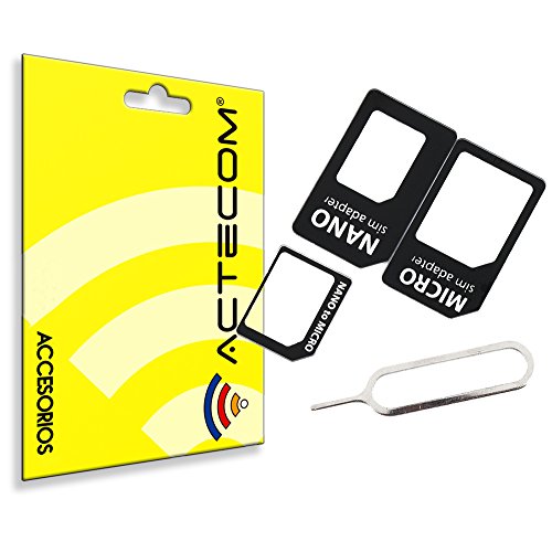 ACTECOM ADAPTADOR 4 EN 1 NANO SIM A SIM, NANO SIM A MICRO SIM, MICRO SIM A SIM + HERRAMIENTA LLAVE EXTRACCION SIM/MICRO SIM PARA IPHONE Y IPAD UNIVERSAL COLOR NEGRO PARA APPLE IPHONE 5, IPAD MINI, SMARTPHONES, TABLETS, SAMSUNG, LG, SONY, HTC