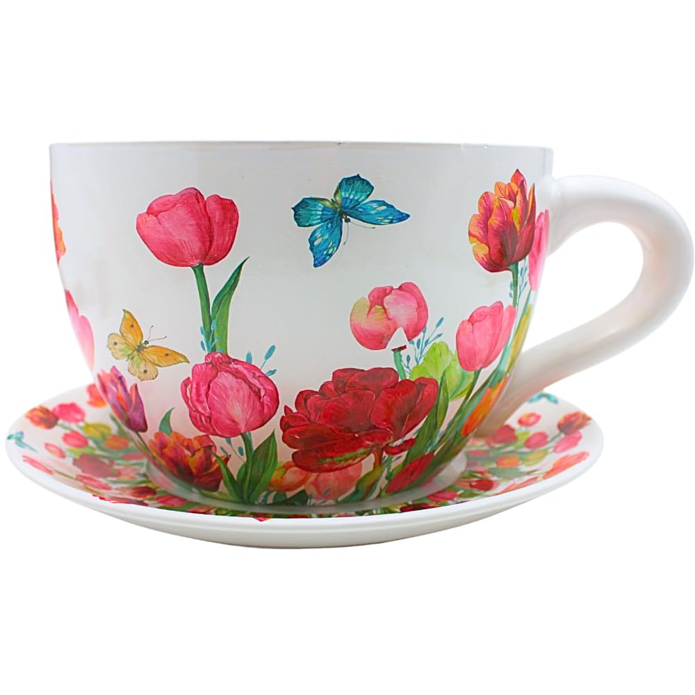 Dekohelden24 XXL Blumentopf, Pflanztasse, Pflanzkübel, Pflanzgefäß, Blumenkübel, Pflanztopf. Übertopf als Tasse mit Griff aus Keramik, Motiv: Tulpenmeer, L/B/H 34 x 28 x16 cm.