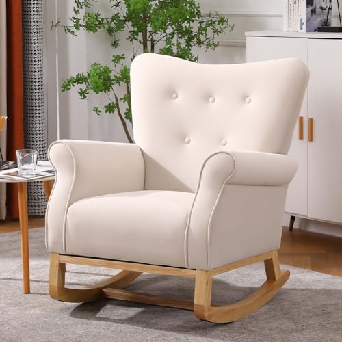 SPOFLYINN Modern Rocking Chair, Upholstered Accent Chair for Nursery, Playroom, Bedroom Living Room, Small Contemporary Rocker, Kids Cushioned Relaxing Arm Chair Beige Foam