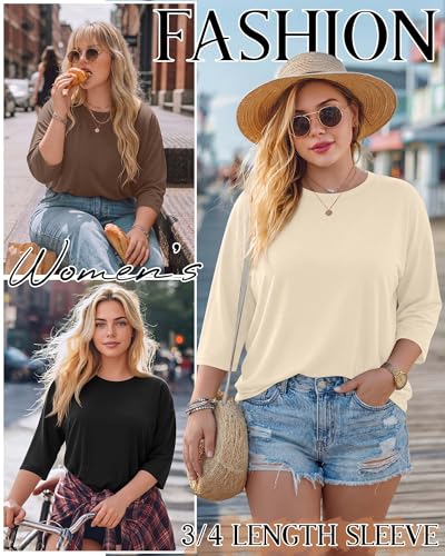 Image of Locoowai 3 Pack Women Plus Size Tops 3 /4 Sleeve Cotton Crew Neck Oversized T Shirts Loose Fit Tee Tunic Casual Blouse