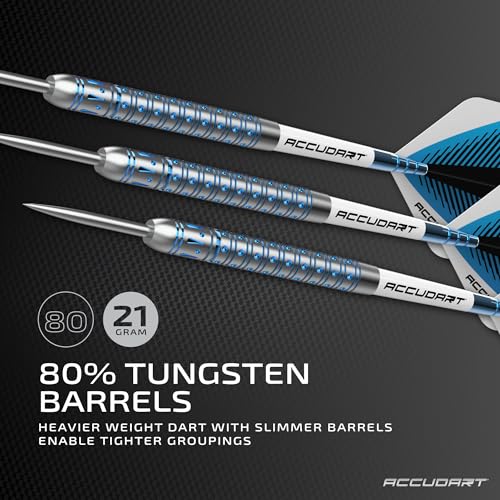Accudart Steel Tip Dart Set - 80% Tungsten Barrel with Gem Cut Grip, Polycarbonate Shafts, Standard Flights, and Leather Case