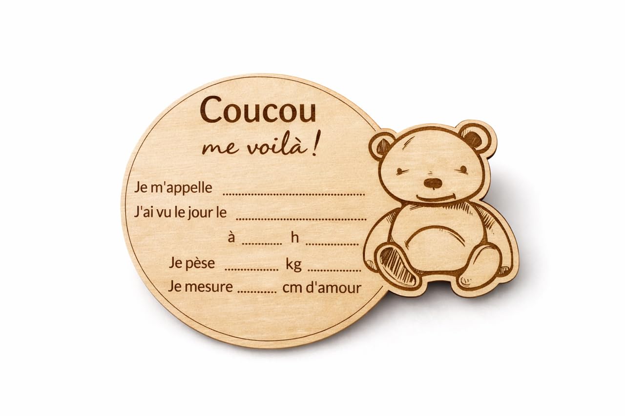 Carte bienvenue annonce naissance et prénom bébé en bois en francais - Disque prénom bébé, date, heure, poids et taille - Accessoire pancarte photo nouveau-né, souvenir maternité
