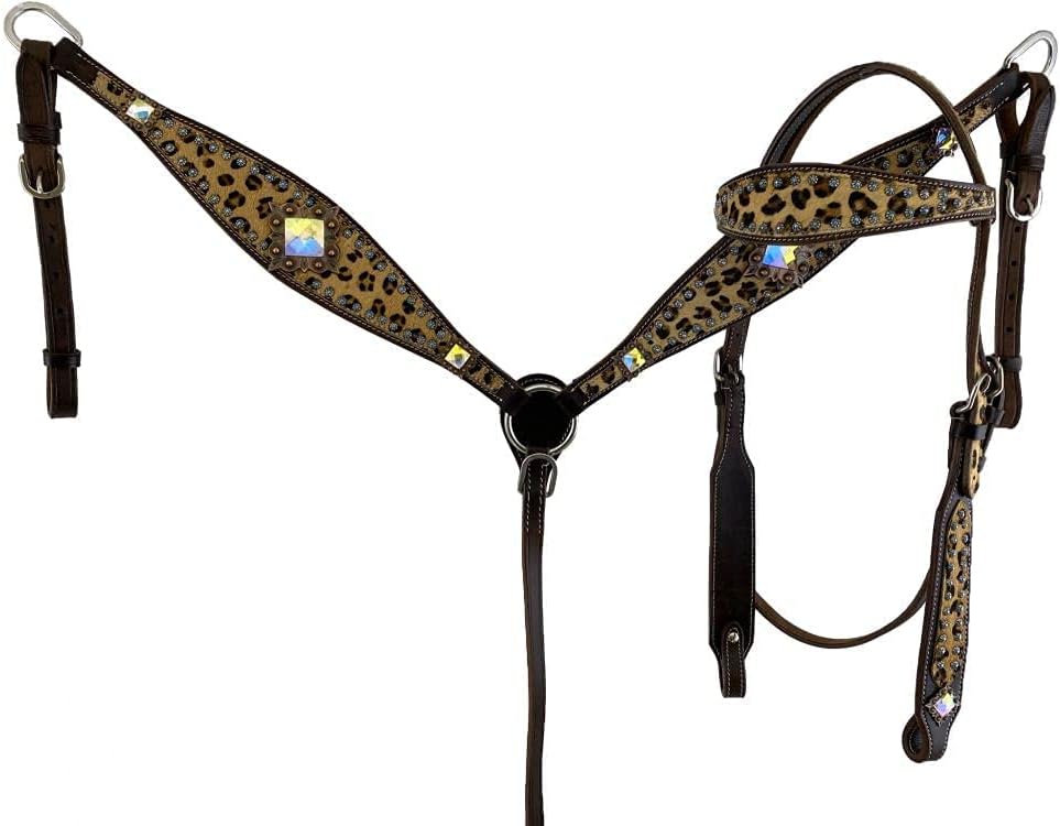 Showman Leather Browband Headstall & Breast Collar Set w/Hair-On Cheetah Inlay, Average Full Size Horse