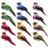 LWINGFLYER Fake Birds Clip on Artificial Bird Ornaments for Crafts & Decoration, 3.5-Inch Small Colorful Foam Feather Sparrow for Christmas Tree Wreath Garlands Decor Party Decorations (Clip 12pcs)