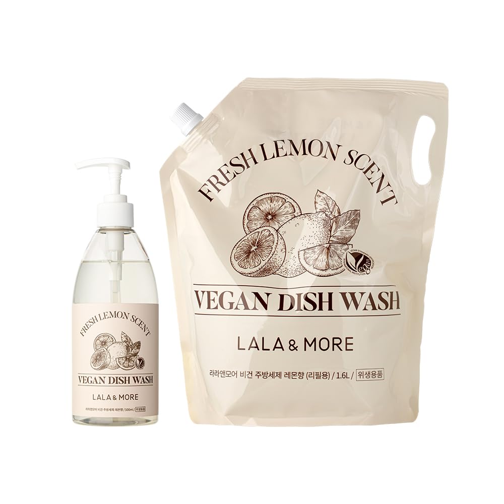 LALA MORE Vegan Dishwashing Detergent Gentle Plant-Derived Formula Lemon Scent For Dishes Baby Bottles Fruits Vegetables Refill Set
