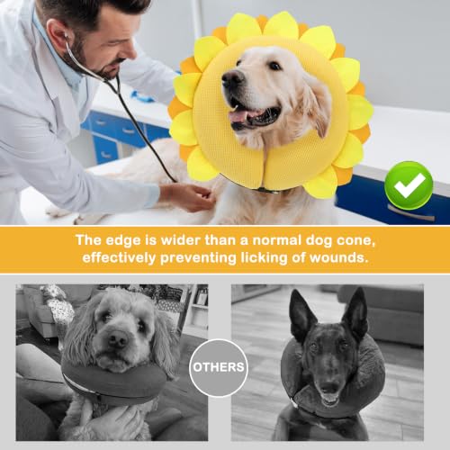 Image of SCENEREAL Inflatable Dog Cone Collar Alternative After Surgery | Soft Cone Collar for Large Dogs, Adjustable Recovery Donut to Prevent Licking, Sunflower Print E-Collars,L