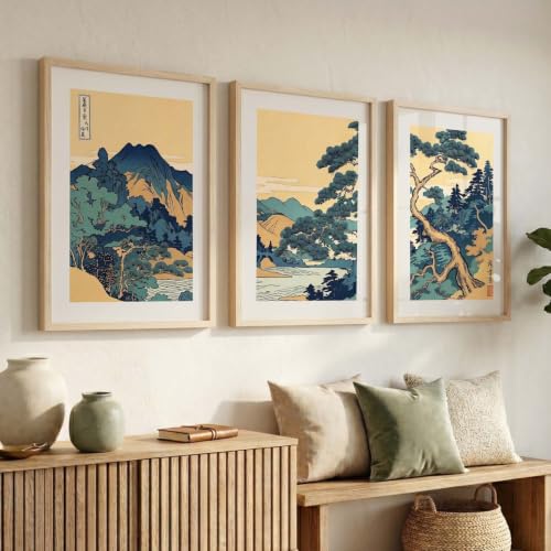 Image of kotart Japanese Nature Art View Framed Poster | Big Aesthetic Nature Art Wall Framed Posters for Living Room Bedroom Wall Decor Set Of 3 (10X13 inch)