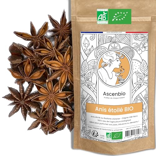 Ascenbio ✿ Anis étoilé, Badiane Chinoise BIO ✿ Parfum chaud, doux et anisé ✿ 180 g Entières ✿ Préparé et conditionné en France ✿ Emballage biodégradable