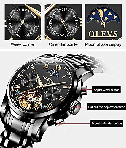 Image of OLEVS Men Watch Automatic Mechanical Skeleton Moon Phase Dress Business Stainless Steel 3AT Waterproof Luminous Men Wrist Watch
