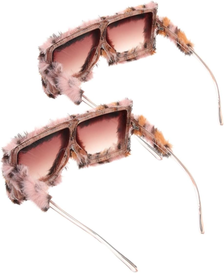 Cabilock 2pcs Plush Fuzzy Sunglasses Cat Eye Novelty Party Eyewear Leopard Print Masquerade Accessories for Men and Women