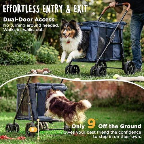 Image of CANINE CANYON Scout Pet Stroller, Heavy Duty Dog Stroller for Large /Medium Dogs, Foldable Pet Stroller for 2 Small Dogs with All-Terrain Wheels, Storage Pocket & Cup Holder, 55 lbs Capacity, Navy Blue