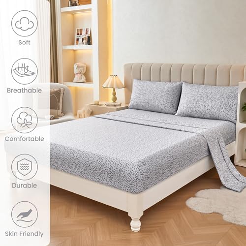 Image of Mooreeke Leopard Cheetah Printed Queen Bed Sheets, Soft Microfiber Bedding Sheets & Pillowcases, Deep Pocket Non-Slip Fitted Queen Sheet, Silver Grey Animal Pattern Bedsheets