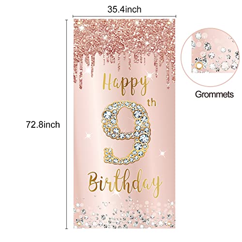 Image of Pink Rose Gold 9th Birthday Door Banner Decorations, Large Nine Year Old Party Sign, Photo Booth Props