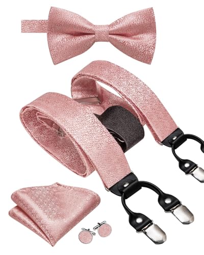 Image of Hi-Tie Men Suspender Bowtie Set Suspenders Pre-tied Bow Tie Pocket Square Cufflinks Adjustable Y Shape 6 Clips Braces Tuxedo