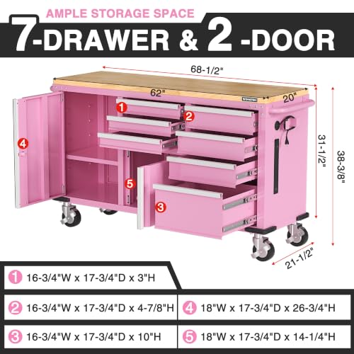 Image of WORKPRO 62 inch x 20 inch Rolling Tool Chest, 7-Drawer & 2-Door, Pink