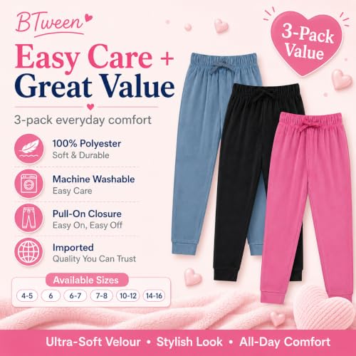 Image of BTween Girls 3 Pack Velour Jogger Pant Set Solid, Tie Dye or Camo Sweatpants for Girls