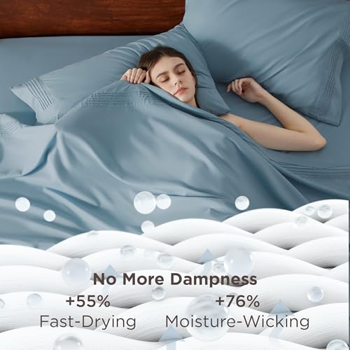 Image of Bedsure Deep Pocket Queen Sheets Set - Fits Mattresses Up to 21 Inches Thick - 4 Piece GentleSoft Bed Sheets, Moisture Wicking, Soft & Cooling Bedsheet & Pillowcases, Easy & Secure Fit, Mineral Blue