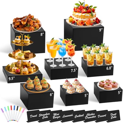 8Pcs Black Acrylic Buffet Risers with Mini Sign and Marker Black Acrylic Risers for Party Catering Dessert Jewelry Collectibles with Hollow Bottoms Nesting Cube Box (9.5 9 8 7.5 6.8 6 5 5)