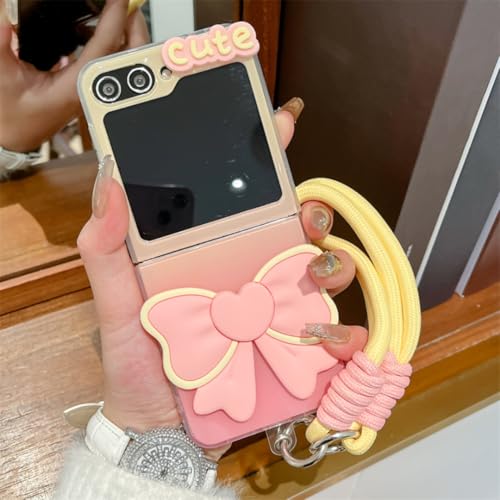 Coque Galaxy Z Flip4 idée cadeau tendance nœud relief 3D et son bracelet chic