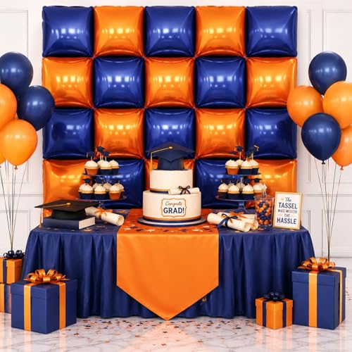 Image of Navy Blue and Orange Double Sided Square Foil Balloons Wall,19 Inches Chrome Foil Balloons Tunnel Arch Kit for Bachelorette, Anniversary, New Year,2026 Graduation,Birthday Party Decorations