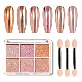 GZMAYUEN Metallic Powder for Nails Rose Gold Effect Mirror Chrome Nail Powder, 6 Colors Solid Chrome Powder for Nail Art Decoration
