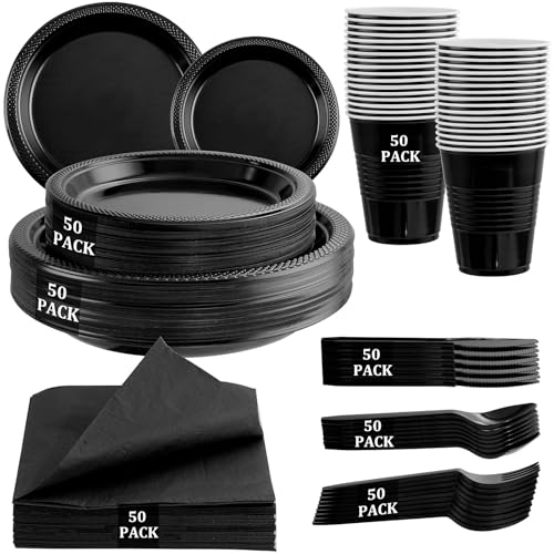 MirthMood 350PCS Black Disposable Plates, Black Party Supplies, Includes 50 Dinner Plates, 50 Salad Plates, 50 Silverware, 50 Napkins and 50 12OZ Cups.