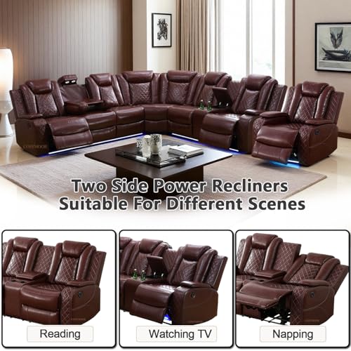 Image of Power Recliner Sectional Sofa Set with LED, Breathing Leather Reclining Sectional Corner Couch & Chair, L-Shaped Home Theater Seating with Charging /Storage for Living Room