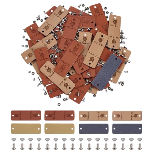 FINGERINSPIRE 40 Sets PU Leather Label Handmade Tag with Rivets 2.2inch Beige Chocolate PU Leather Clothing Labels with Hole Rectangle Shape Handmade Leather Tag for Sewing DIY Clothing Labels