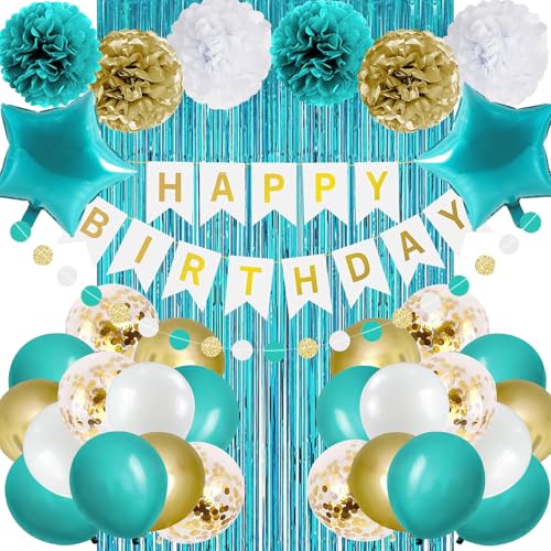 Teal Turquoise Blue and Gold Birthday Party Decorations for Women Girls with Happy Birthday Banner Star Foil Balloons Fringe Curtain Circle Dots Garland Blue Gold Latex Balloons