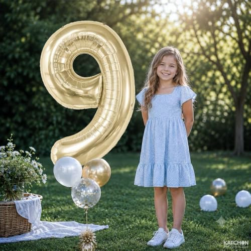 Image of KatchOn, Number 9 Balloon, 40 Inch Champagne Gold Foil Balloon Number 9